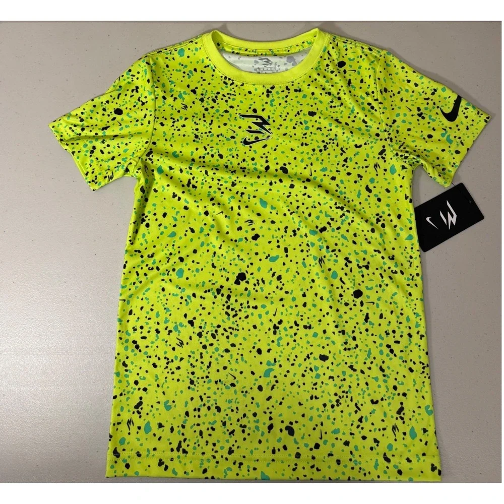 Nike 3 Brand T-Shirt Boys Small Volt Neon‎ Splatter Dri-FIT Sport Top NEW